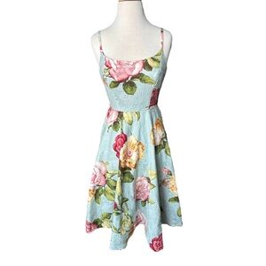 Vintage Moods Floral Fit & Flair Pin Up Style Sundress + Pink and Yellow Roses